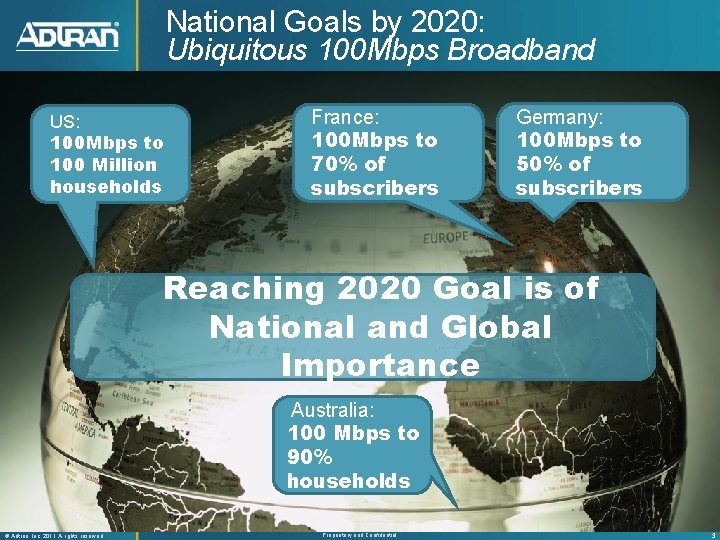 National Goals by 2020: Ubiquitous 100 Mbps Broadband US: 100 Mbps to 100 Million