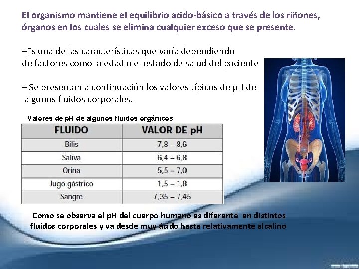 El organismo mantiene el equilibrio acido-básico a través de los riñones, órganos en los