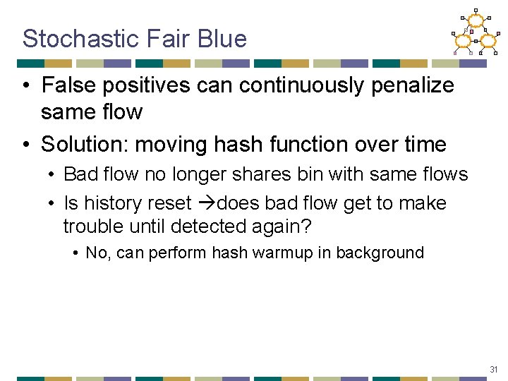 Stochastic Fair Blue • False positives can continuously penalize same flow • Solution: moving