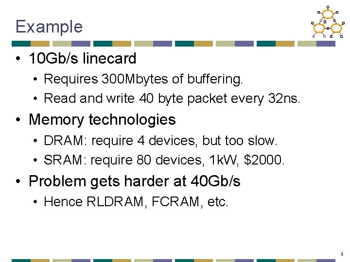 Example • 10 Gb/s linecard • Requires 300 Mbytes of buffering. • Read and