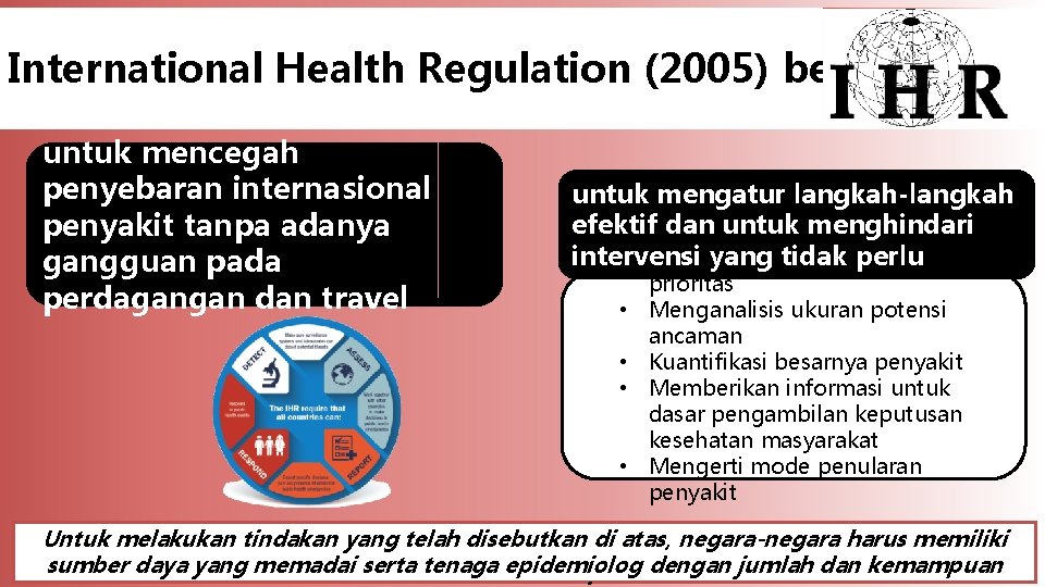 International Health Regulation (2005) bertujuan : untuk mencegah penyebaran internasional penyakit tanpa adanya gangguan
