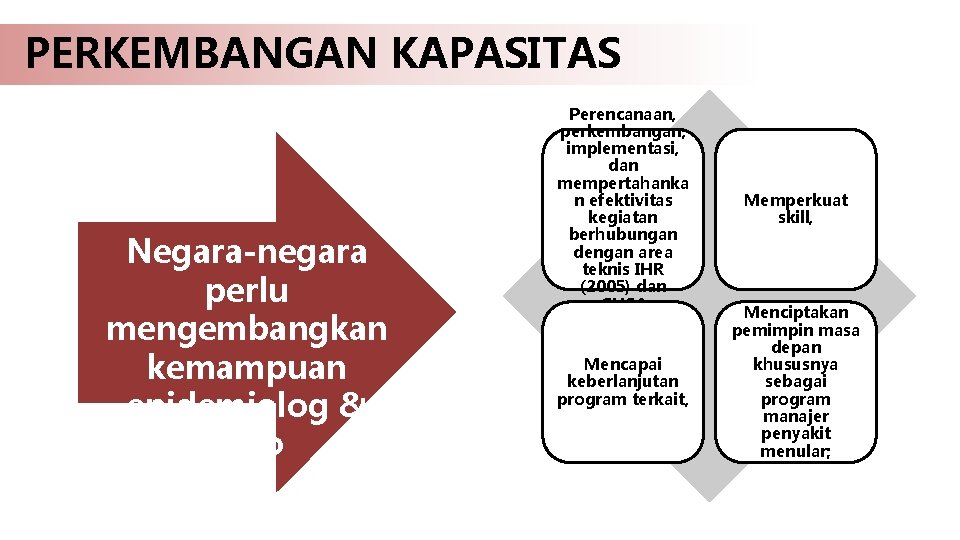 PERKEMBANGAN KAPASITAS Negara-negara perlu mengembangkan kemampuan epidemiolog & Ento Perencanaan, perkembangan, implementasi, dan mempertahanka