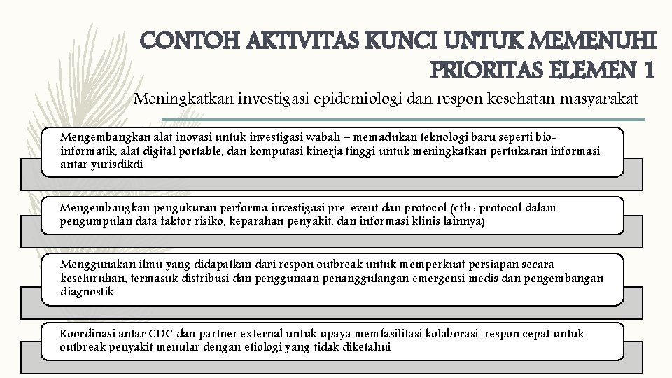 CONTOH AKTIVITAS KUNCI UNTUK MEMENUHI PRIORITAS ELEMEN 1 Meningkatkan investigasi epidemiologi dan respon kesehatan