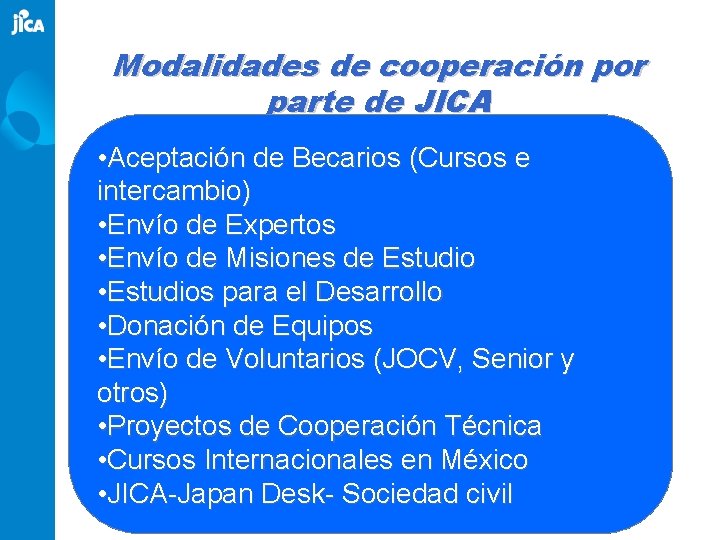 Modalidades de cooperación por parte de JICA • Aceptación de Becarios (Cursos e intercambio)