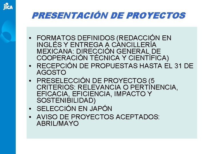 PRESENTACIÓN DE PROYECTOS • FORMATOS DEFINIDOS (REDACCIÓN EN INGLÉS Y ENTREGA A CANCILLERÍA MEXICANA: