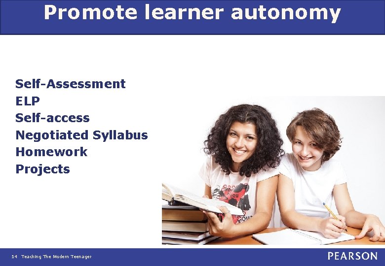 Promote learner autonomy Self-Assessment ELP Self-access Negotiated Syllabus Homework Projects 14 Teaching The Modern