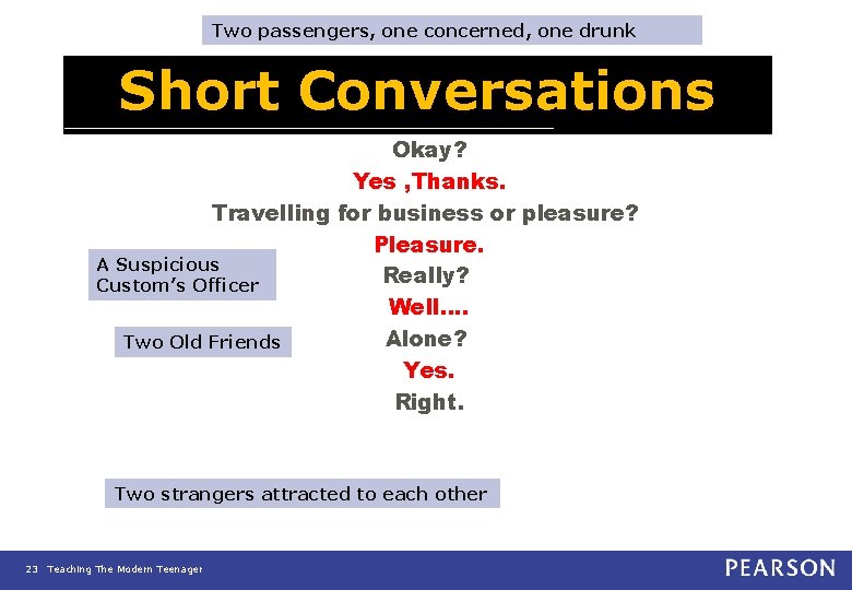 Two passengers, one concerned, one drunk Short Conversations Okay? Yes , Thanks. Travelling for