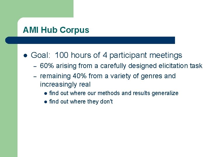 AMI Hub Corpus Goal: 100 hours of 4 participant meetings – – 60% arising