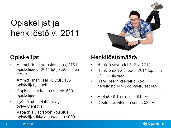 Opiskelijat ja henkilöstö v. 2011 Opiskelijat Henkilöstömäärä • • 7 Ammatillinen peruskoulutus, 2761 opiskelijaa