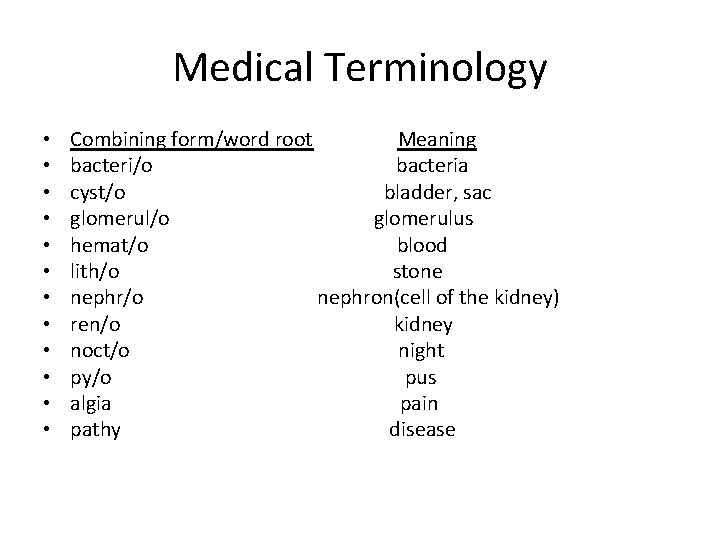 Medical Terminology • • • Combining form/word root Meaning bacteri/o bacteria cyst/o bladder, sac