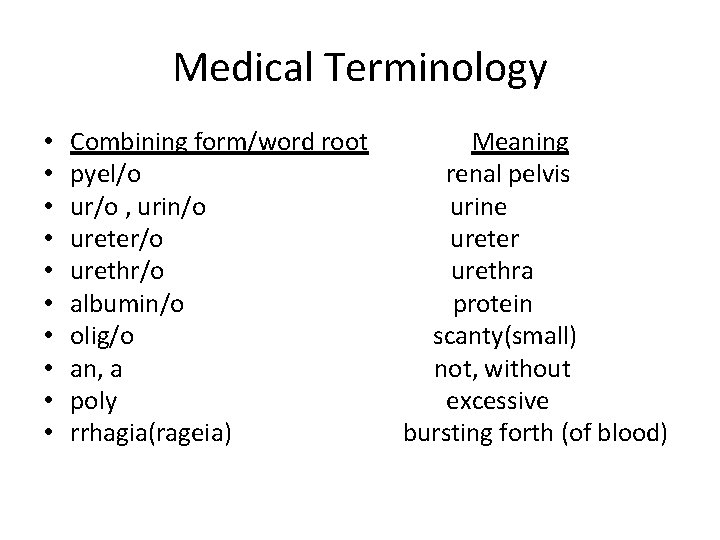 Medical Terminology • • • Combining form/word root pyel/o ur/o , urin/o ureter/o urethr/o