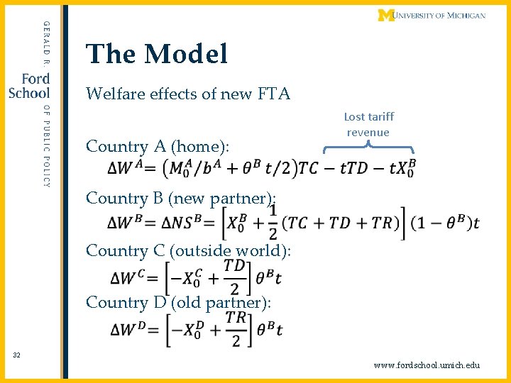 The Model Welfare effects of new FTA Country A (home): Lost tariff revenue Country