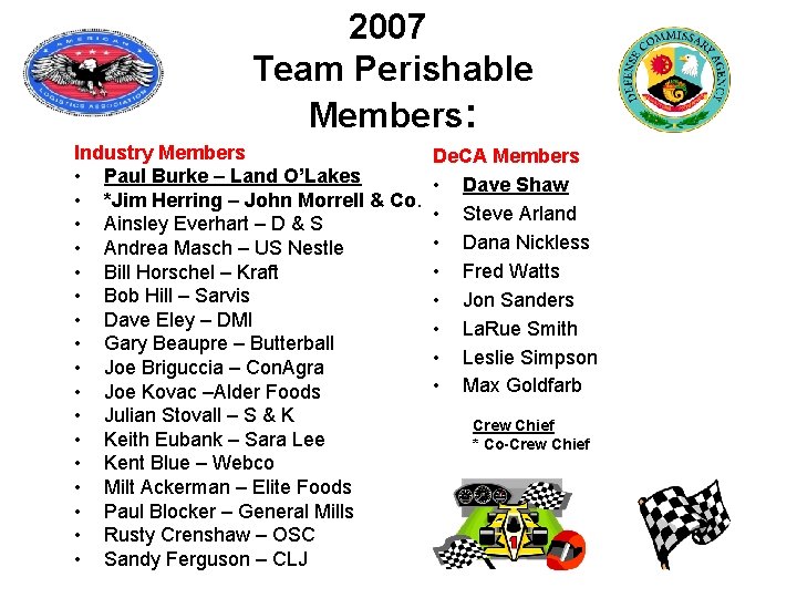 2007 Team Perishable Members: Industry Members • Paul Burke – Land O’Lakes • *Jim