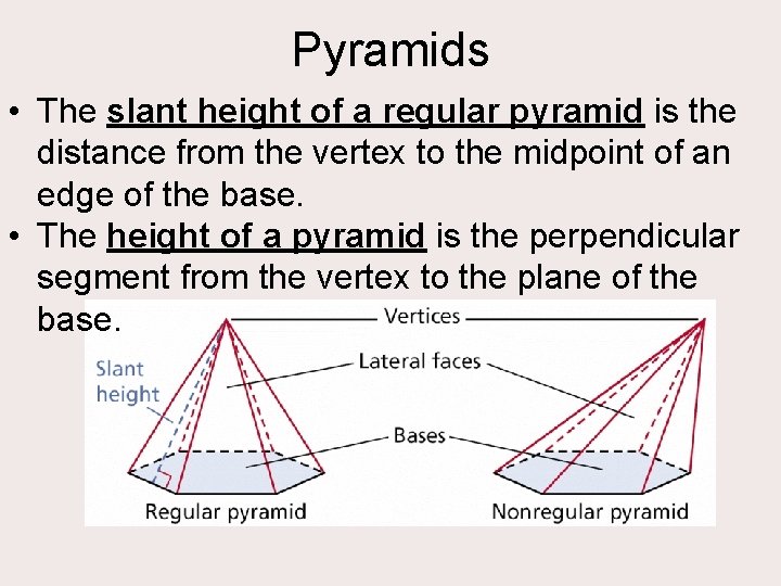 Pyramids • The slant height of a regular pyramid is the distance from the