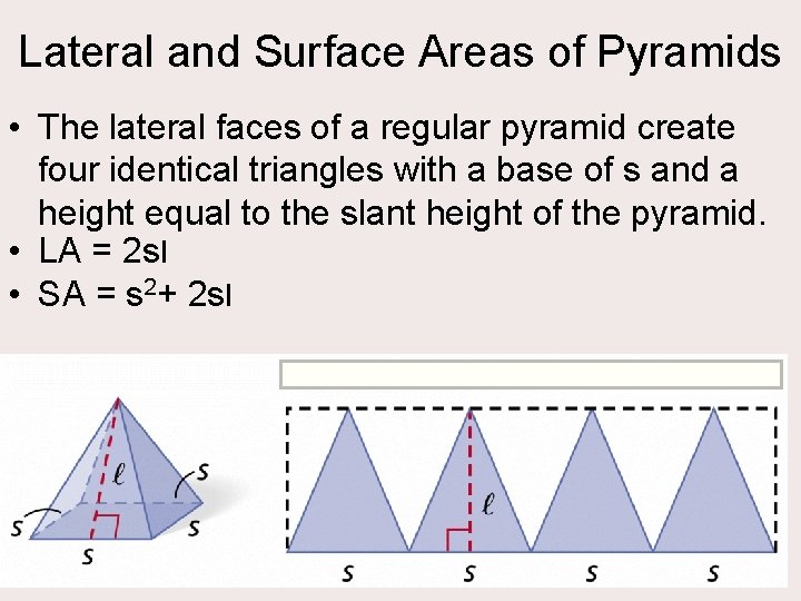 Lateral and Surface Areas of Pyramids • The lateral faces of a regular pyramid