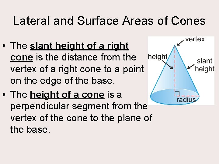 Lateral and Surface Areas of Cones • The slant height of a right cone