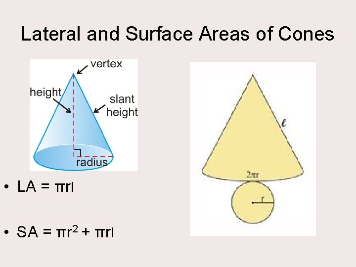 Lateral and Surface Areas of Cones • LA = πrl • SA = πr
