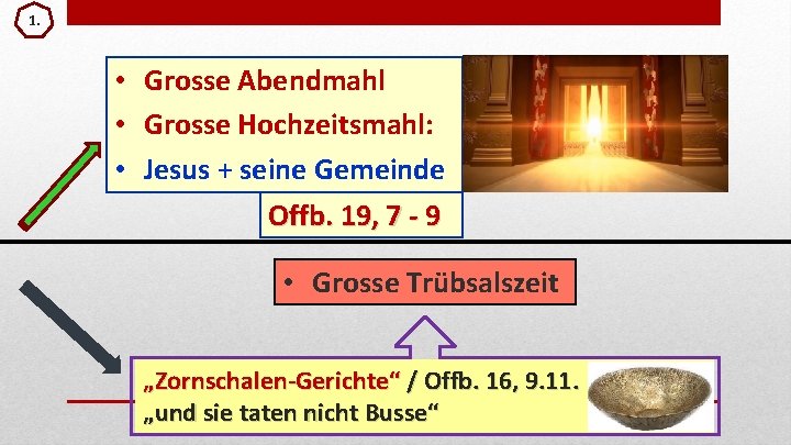 1. • Grosse Abendmahl • Grosse Hochzeitsmahl: • Jesus + seine Gemeinde Offb. 19,