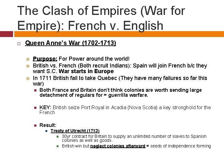 The Clash of Empires (War for Empire): French v. English Queen Anne’s War (1702