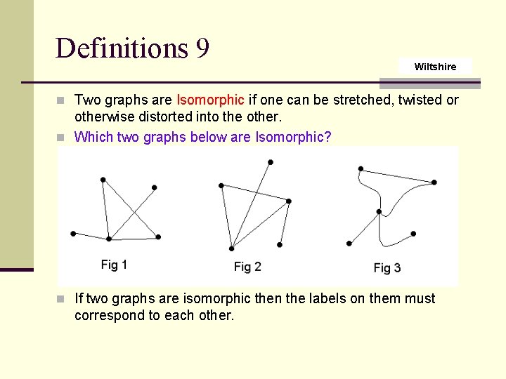 Definitions 9 Wiltshire n Two graphs are Isomorphic if one can be stretched, twisted