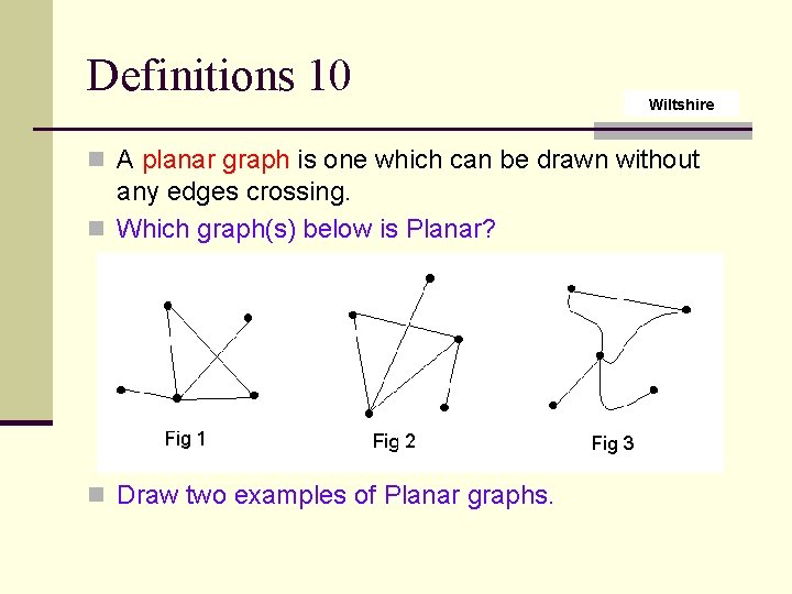 Definitions 10 Wiltshire n A planar graph is one which can be drawn without