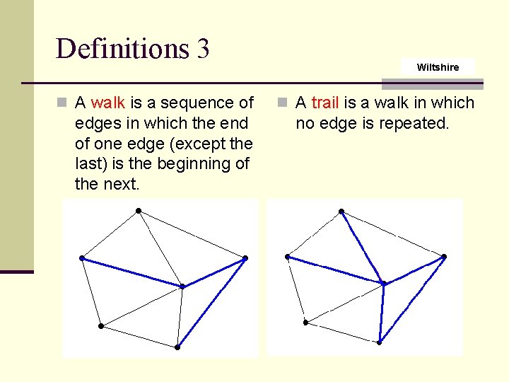 Definitions 3 n A walk is a sequence of edges in which the end