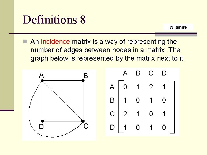 Definitions 8 Wiltshire n An incidence matrix is a way of representing the number