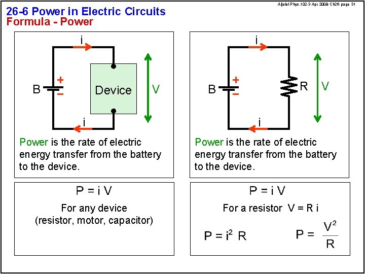 Aljalal-Phys. 102 -3 Apr 2008 -Ch 26 -page 31 26 -6 Power in Electric