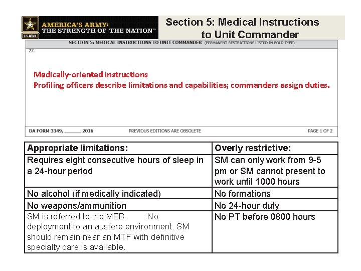 Section 5: Medical Instructions to Unit Commander Medically-oriented instructions Profiling officers describe limitations and