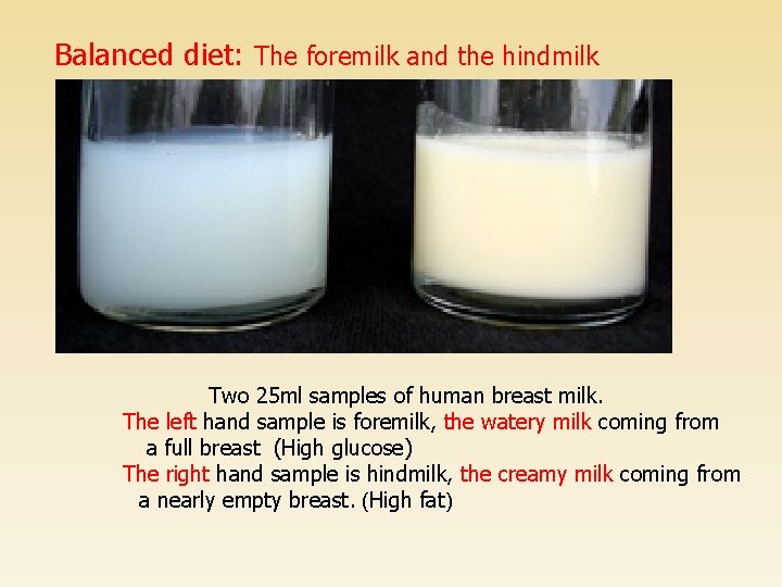  Balanced diet: The foremilk and the hindmilk Two 25 ml samples of human