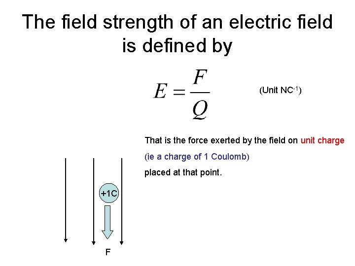 The field strength of an electric field is defined by (Unit NC-1) That is