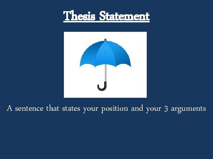 Thesis Statement A sentence that states your position and your 3 arguments 