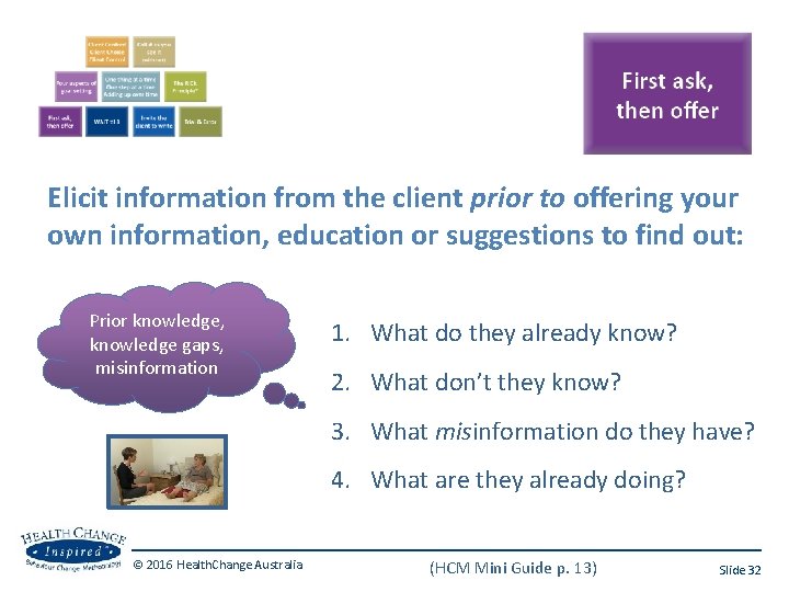 Elicit information from the client prior to offering your own information, education or suggestions