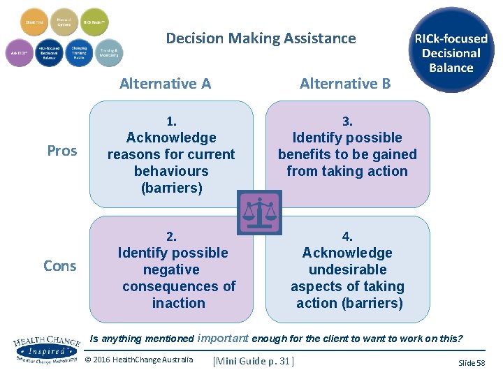 Decision Making Assistance Alternative A Alternative B Pros 1. Acknowledge reasons for current behaviours