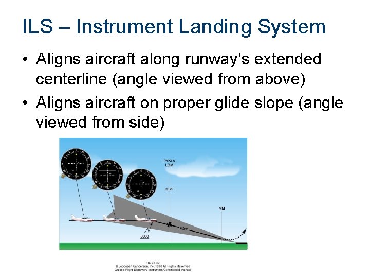 ILS – Instrument Landing System • Aligns aircraft along runway’s extended centerline (angle viewed