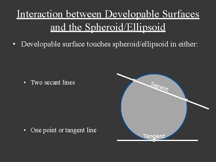 Interaction between Developable Surfaces and the Spheroid/Ellipsoid • Developable surface touches spheroid/ellipsoid in either: