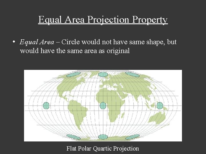 Equal Area Projection Property • Equal Area – Circle would not have same shape,