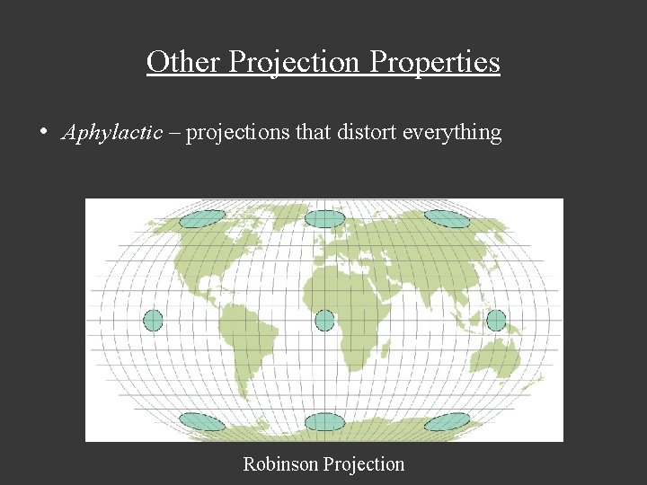 Other Projection Properties • Aphylactic – projections that distort everything Robinson Projection 