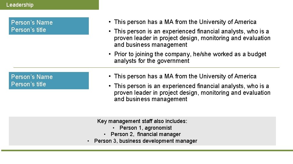 Leadership Person’s Name Person’s title • This person has a MA from the University