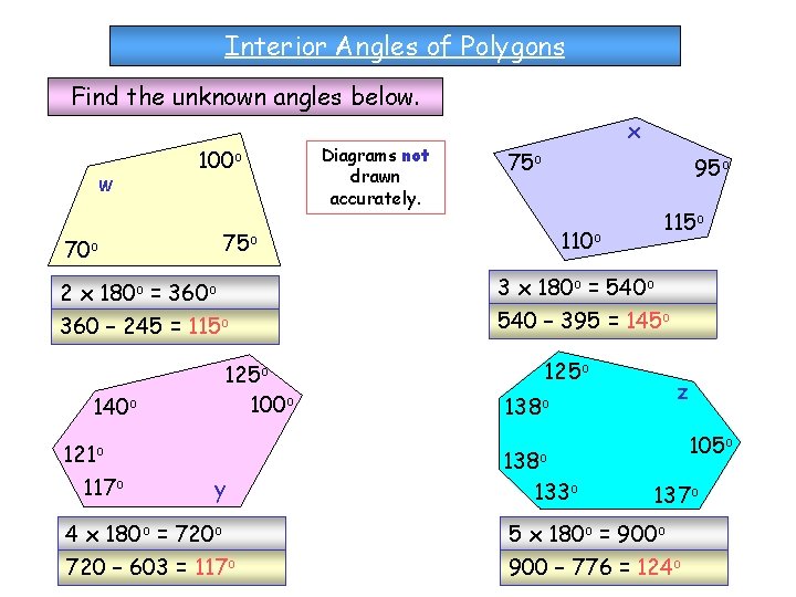 Interior Angles of Polygons Find the unknown angles below. w 100 o 95 o Interior Angles of Polygons Find the unknown angles below. w 100 o 95 o