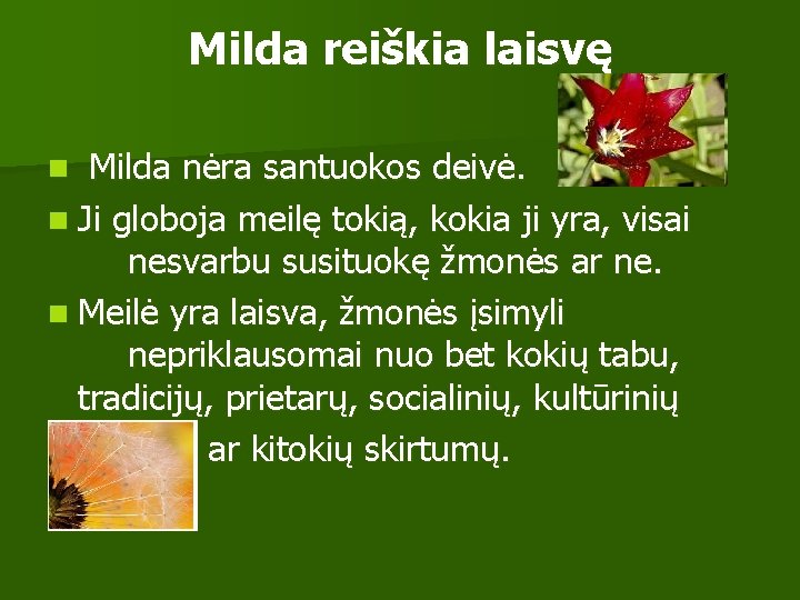 Milda reiškia laisvę n Milda nėra santuokos deivė. n Ji globoja meilę tokią, kokia