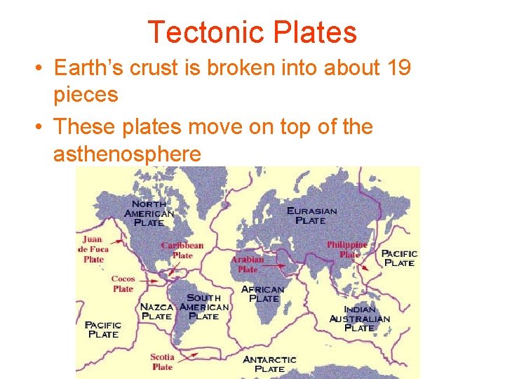 Tectonic Plates • Earth’s crust is broken into about 19 pieces • These plates