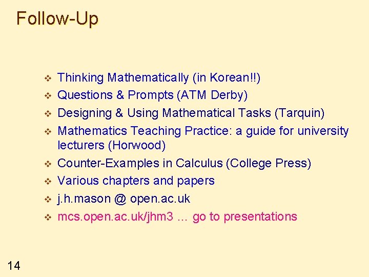 Follow-Up v v v v 14 Thinking Mathematically (in Korean!!) Questions & Prompts (ATM