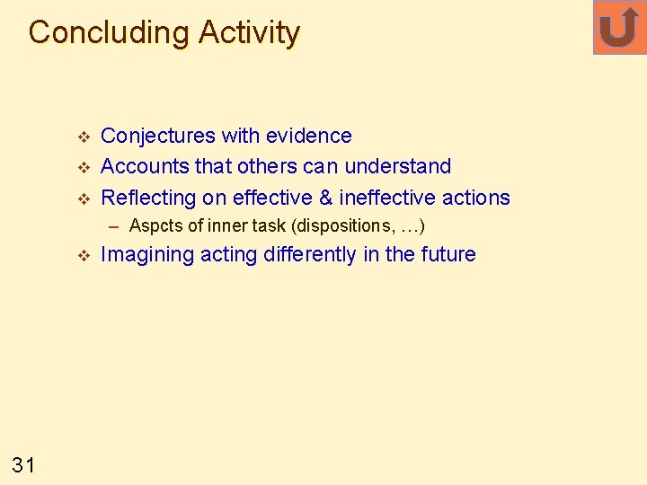 Concluding Activity v v v Conjectures with evidence Accounts that others can understand Reflecting