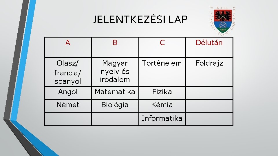 JELENTKEZÉSI LAP A B C Délután Olasz/ francia/ spanyol Magyar nyelv és irodalom Történelem