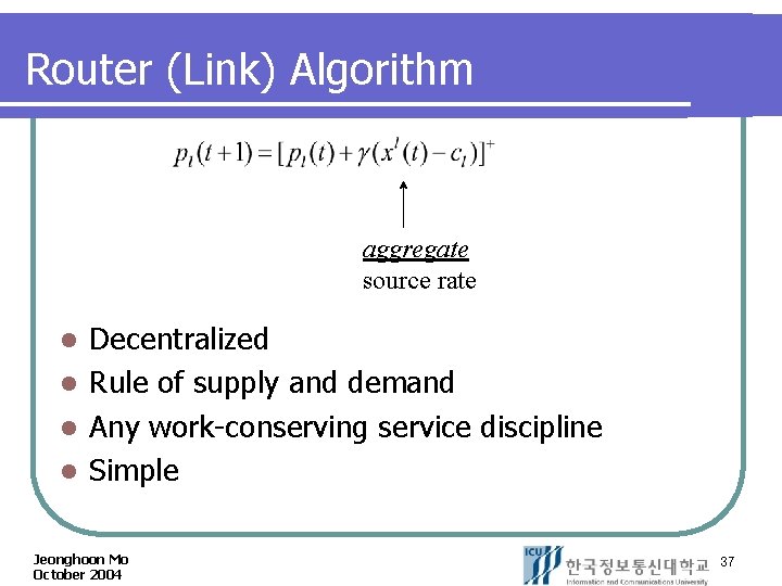 Router (Link) Algorithm aggregate source rate Decentralized l Rule of supply and demand l