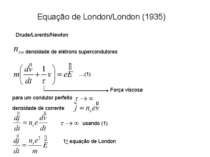 Equação de London/London (1935) Drude/Lorents/Newton densidade de elétrons supercondutores …(1) Força viscosa para um