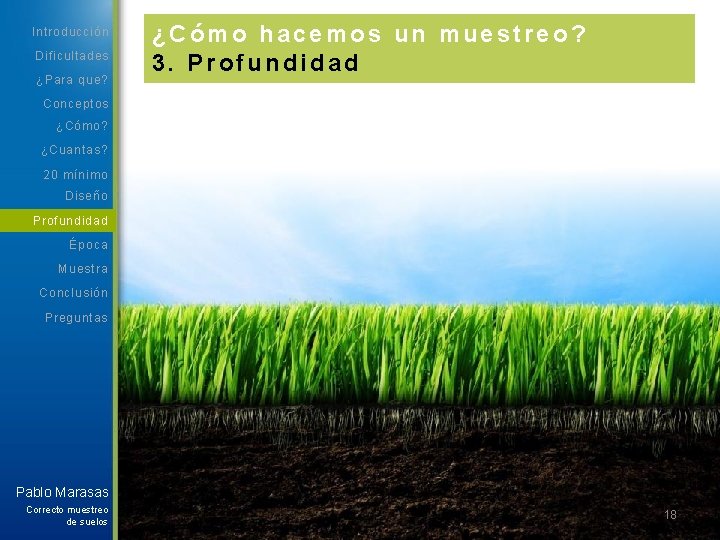 Introducción Dificultades ¿Para que? ¿Cómo hacemos un muestreo? 3. Profundidad Conceptos ¿Cómo? ¿Cuantas? 20