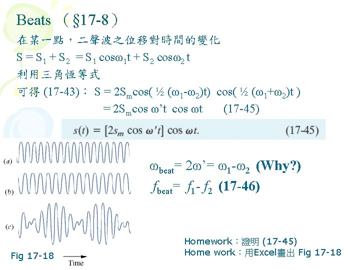 Beats （§ 17 -8） 在某一點，二聲波之位移對時間的變化 S = S 1 + S 2 = S