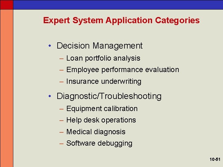 Expert System Application Categories • Decision Management – Loan portfolio analysis – Employee performance
